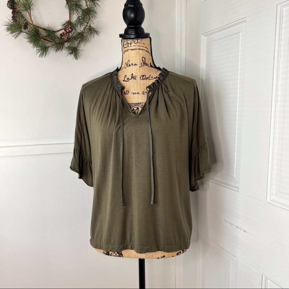 J. Crew Olive Green Ruffle Trim Tie Neck T-Shirt